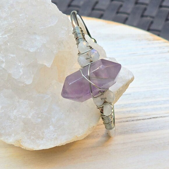 Amethyst & Moonstone Wire Wrap Cuff – 925 Over Copper – Intuition & Clarity - Picture 4 of 12